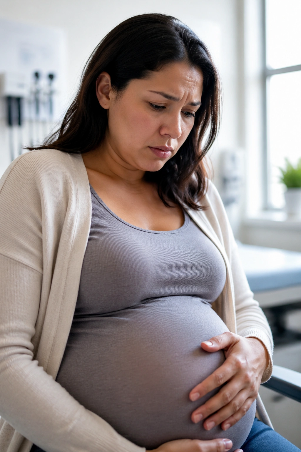 Close-up of pregnant woman worried by red flags signaling to stop exercise