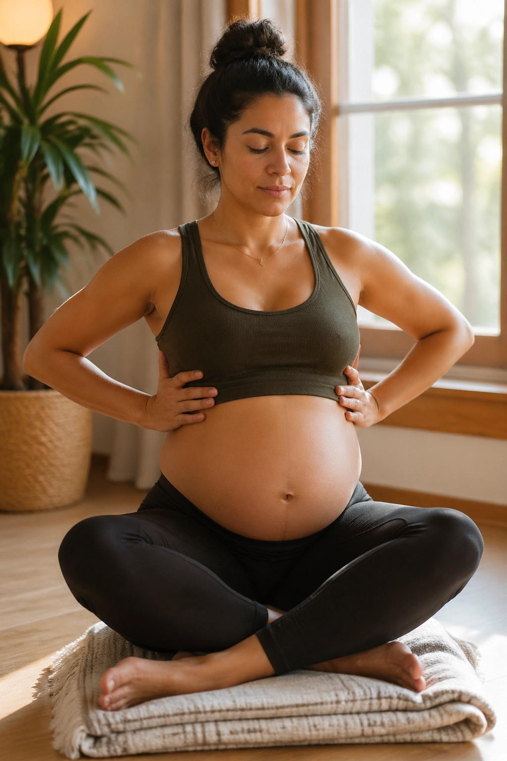 Pregnant woman seated, hands on rib cage showing lateral breathing and pelvic floor connection.