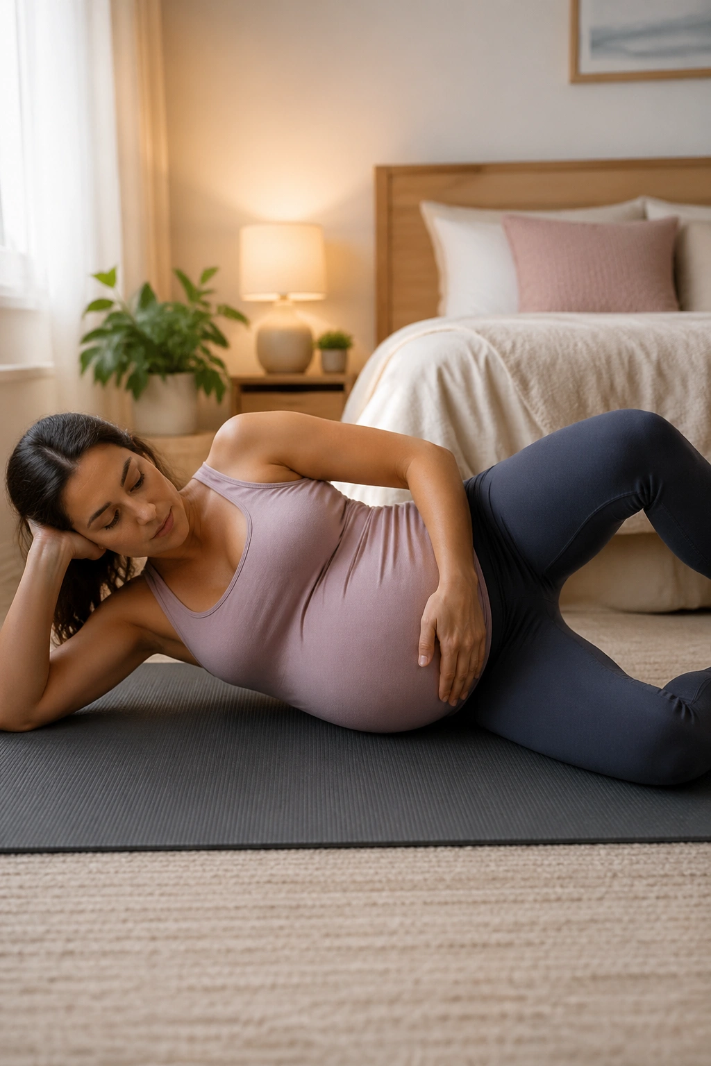 Pregnant woman side-lying glute exercise with hips stacked.