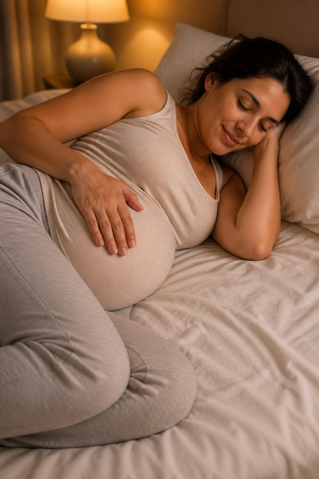 Pregnant woman lying on her side on a bed for a gentle wind-down stretch