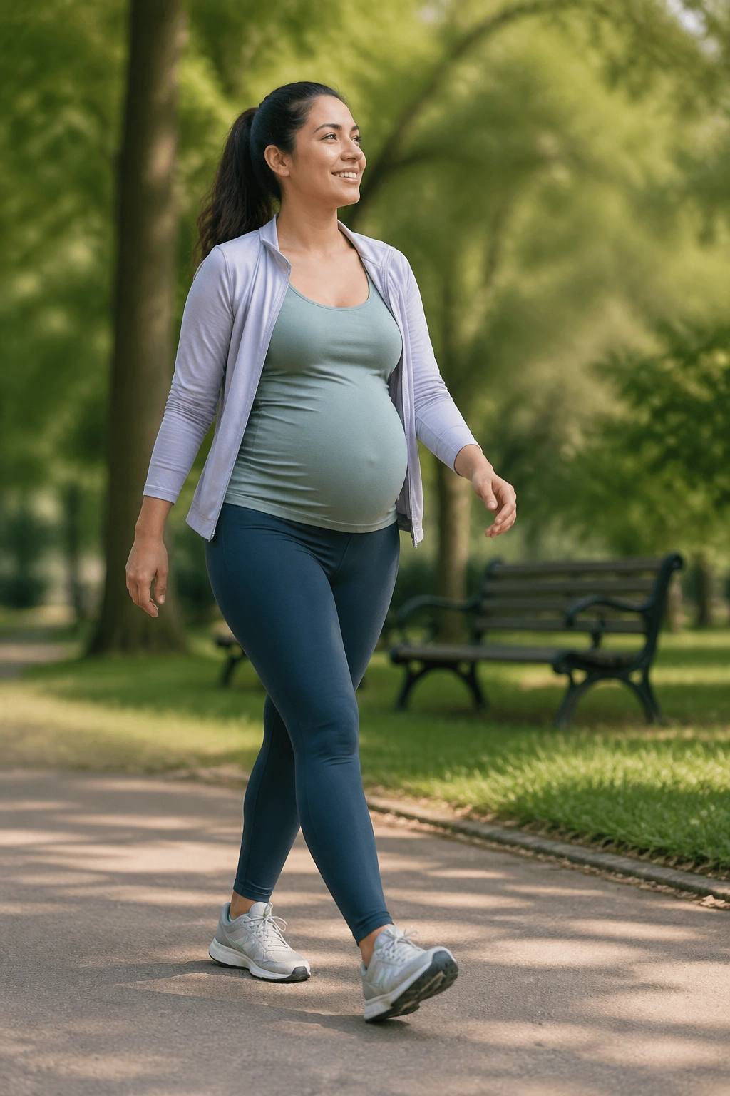 Pregnant woman walking in a park with a bench nearby for planned rest stops