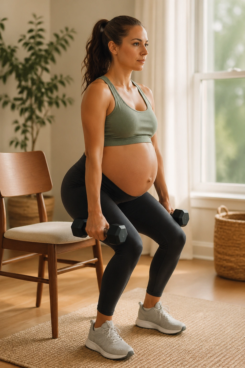 Pregnant woman doing light strength training at home.