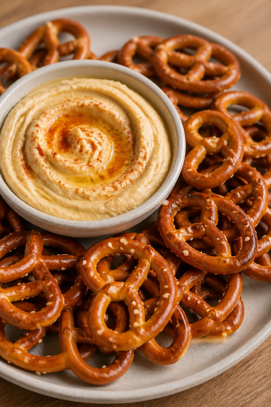 Pretzels surrounding a dish of hummus on a plate