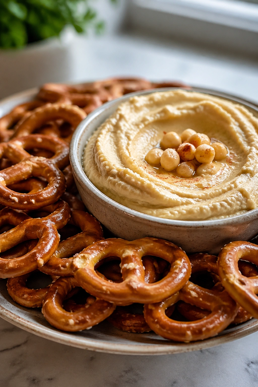 Pretzels with hummus on a small plate in a bright kitchen