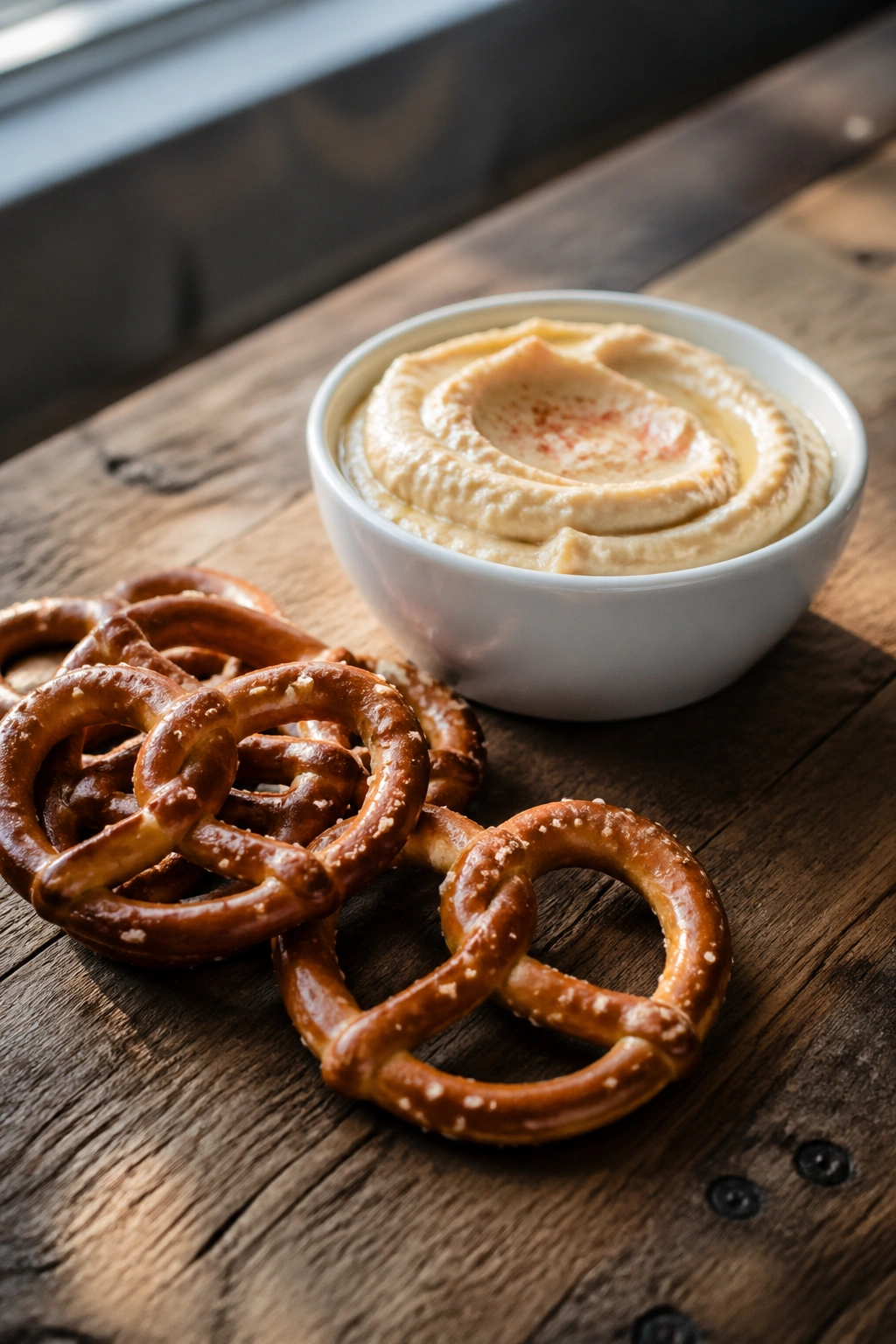 Close-up of pretzels with hummus on a wooden surface