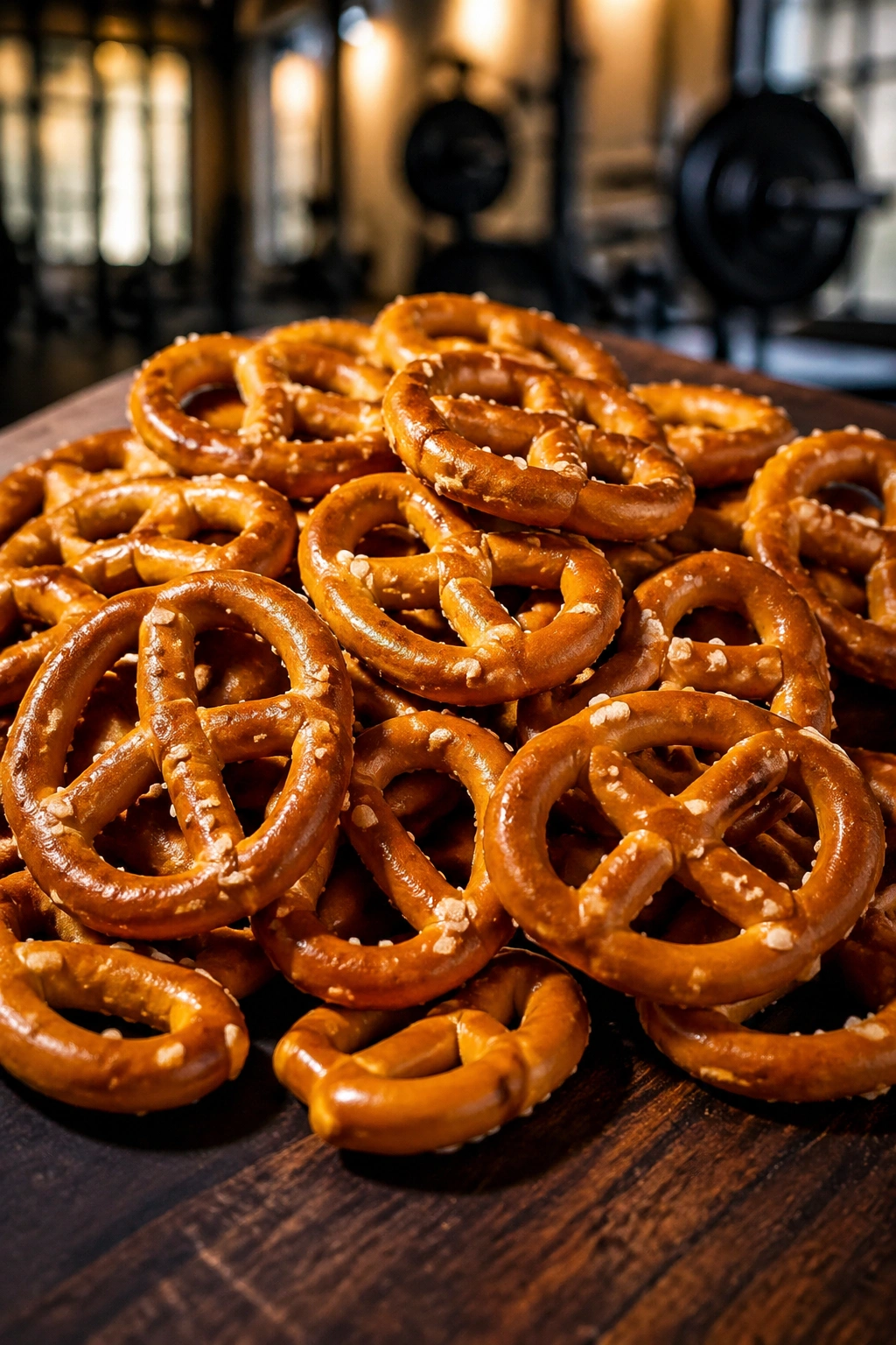 Close-up of salted pretzels on dark wood with gym blur in background