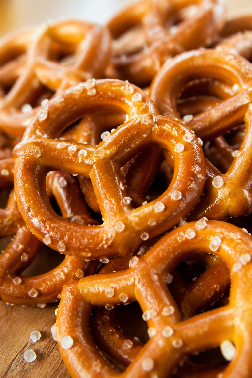 Close-up of salted pretzels on a wooden surface with warm kitchen lighting.