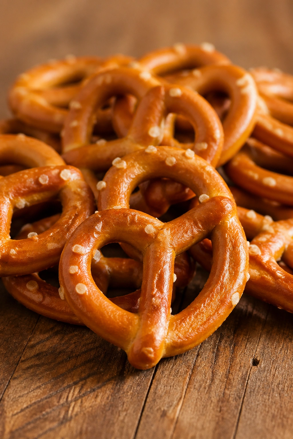 Close-up of pretzels on a wooden surface with salt crystals.