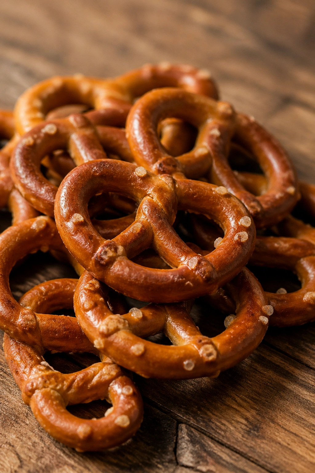 Close-up of pretzels piled on a wooden table