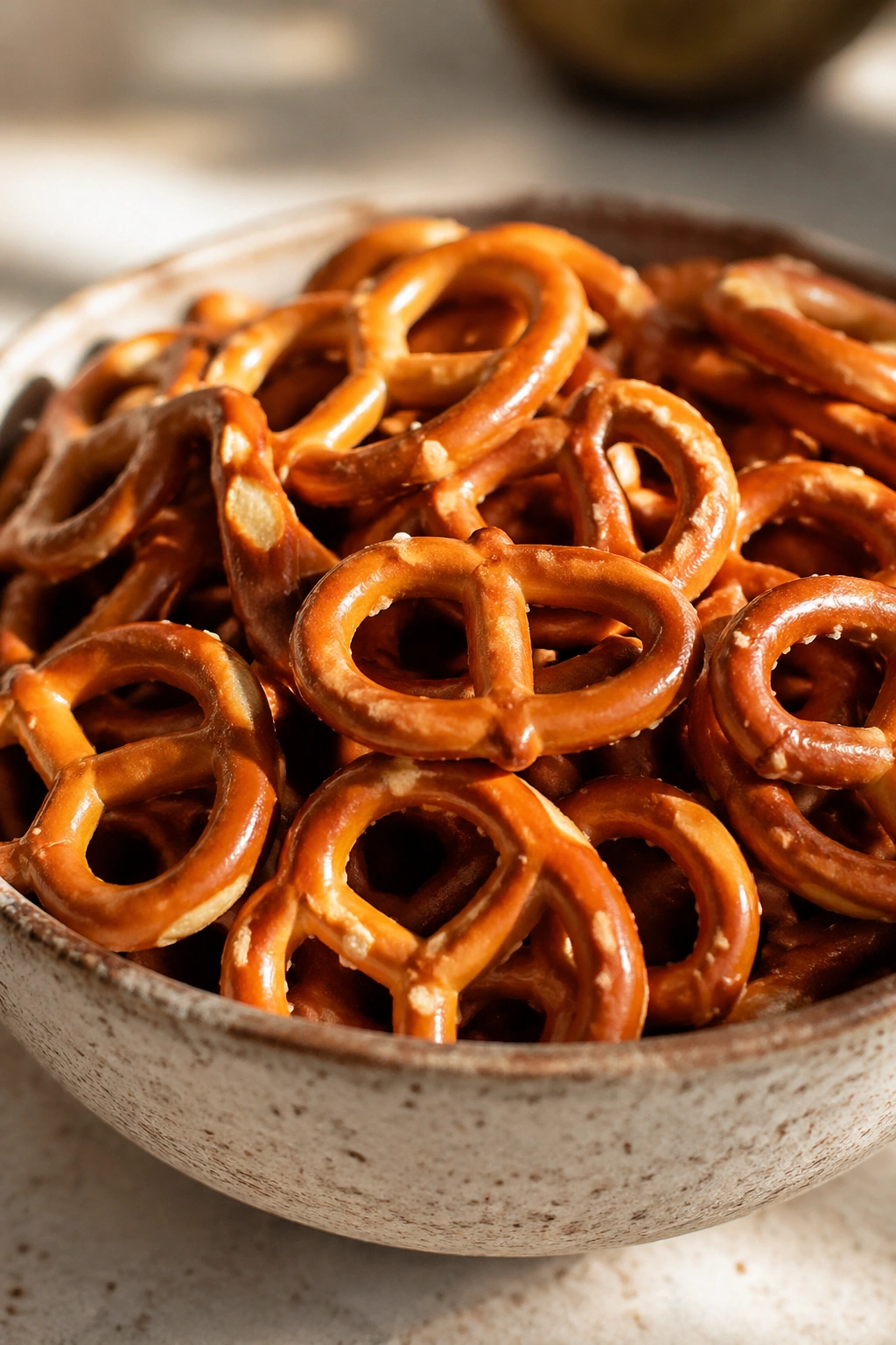 Close-up of pretzels in a bowl on a sunny counter