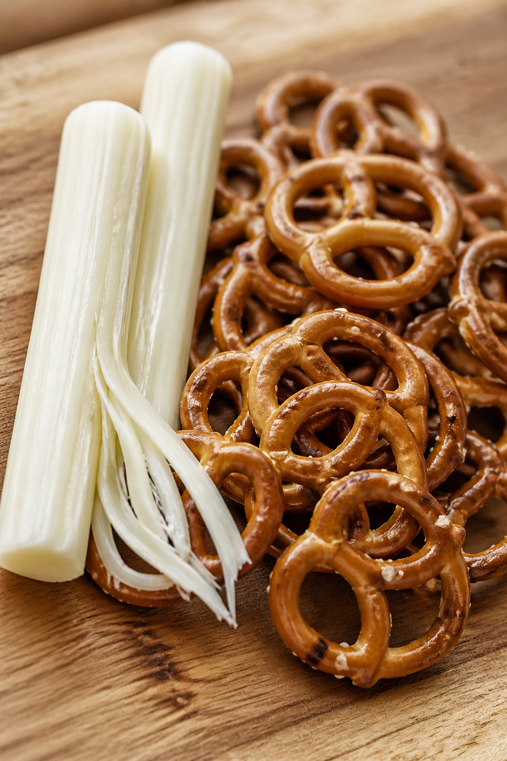 Pretzels with string cheese on a wooden board