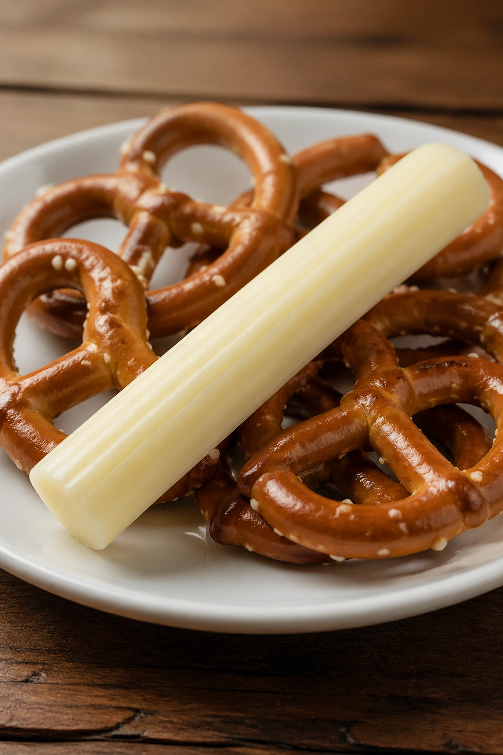 Close-up of pretzels and string cheese snack
