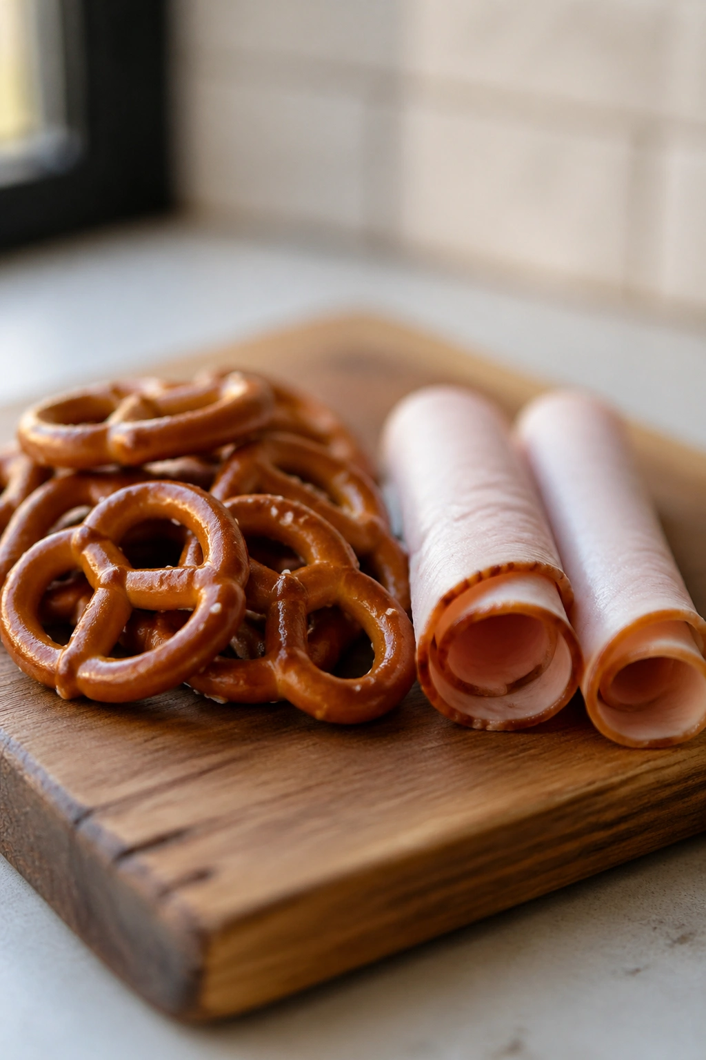 Close-up of pretzels and turkey slices on a wooden board