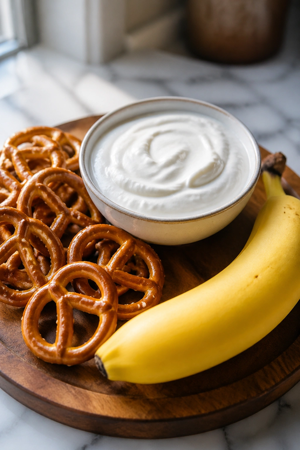 Close-up of pretzels, Greek yogurt, and a banana on a breakfast board