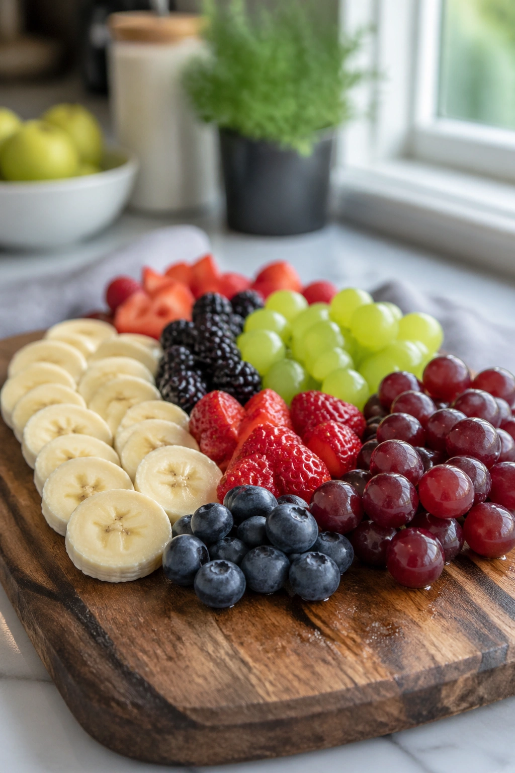 Close-up of colorful fresh fruit snacks on a rustic wooden cutting board in a bright kitchen