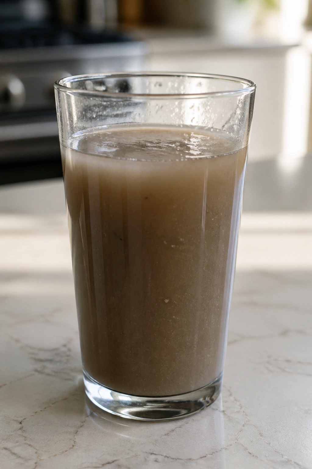 Glass of problematic-looking pre-workout drink on a countertop