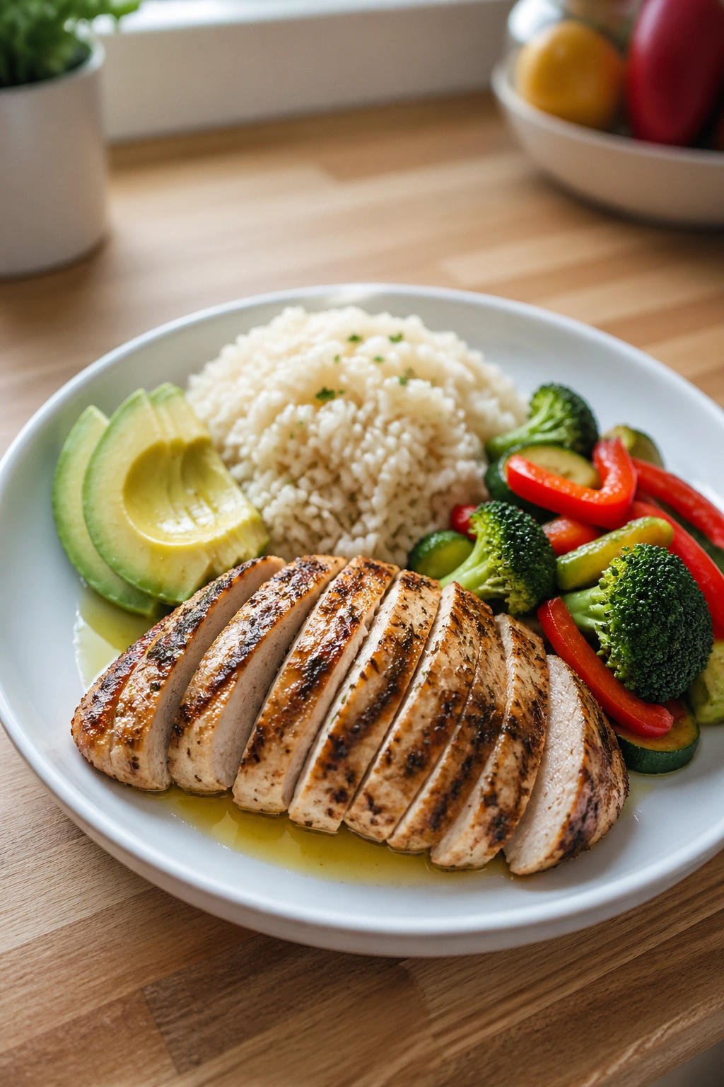 Close-up of a balanced pre-workout plate with protein, carbs, fats, and vegetables on a kitchen counter