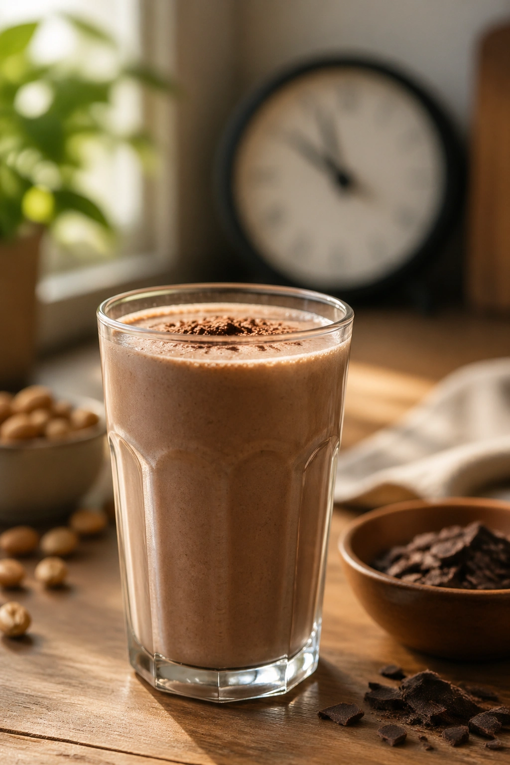 Mocha protein shake with clock in background suggesting timing for pre-workout snack