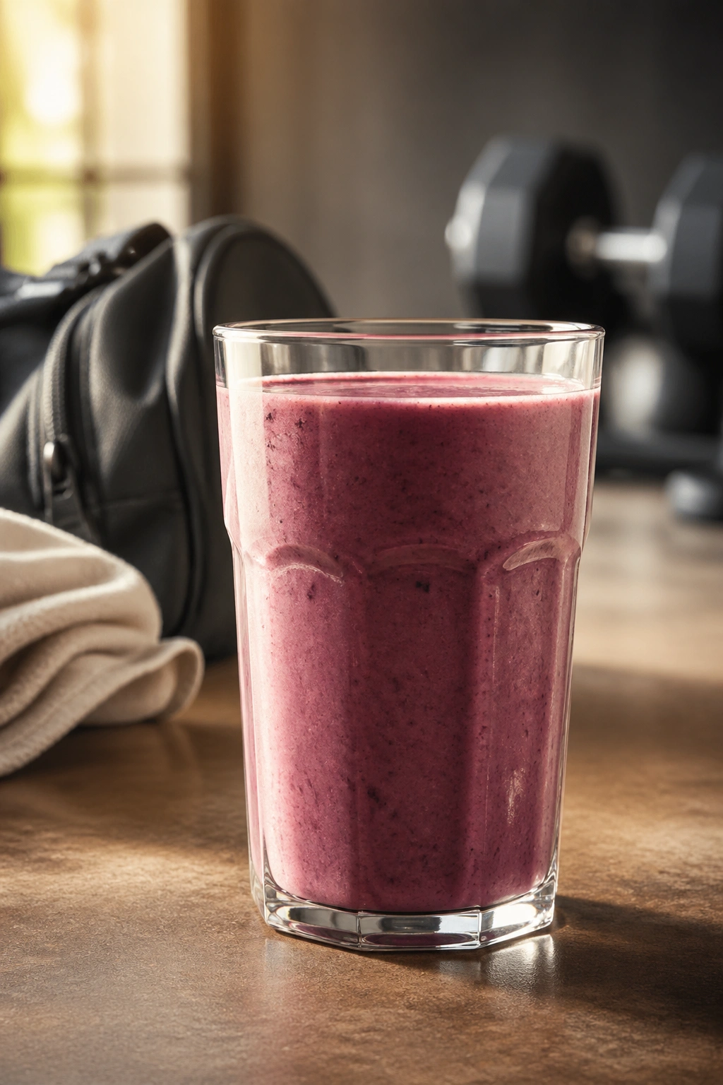 Close-up of a smoothie in a glass on a kitchen counter, ready for a heavy lift session