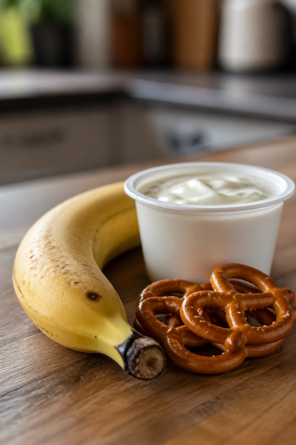 Close-up of common pre-workout snacks: banana, plain yogurt, and pretzels on a wooden surface.