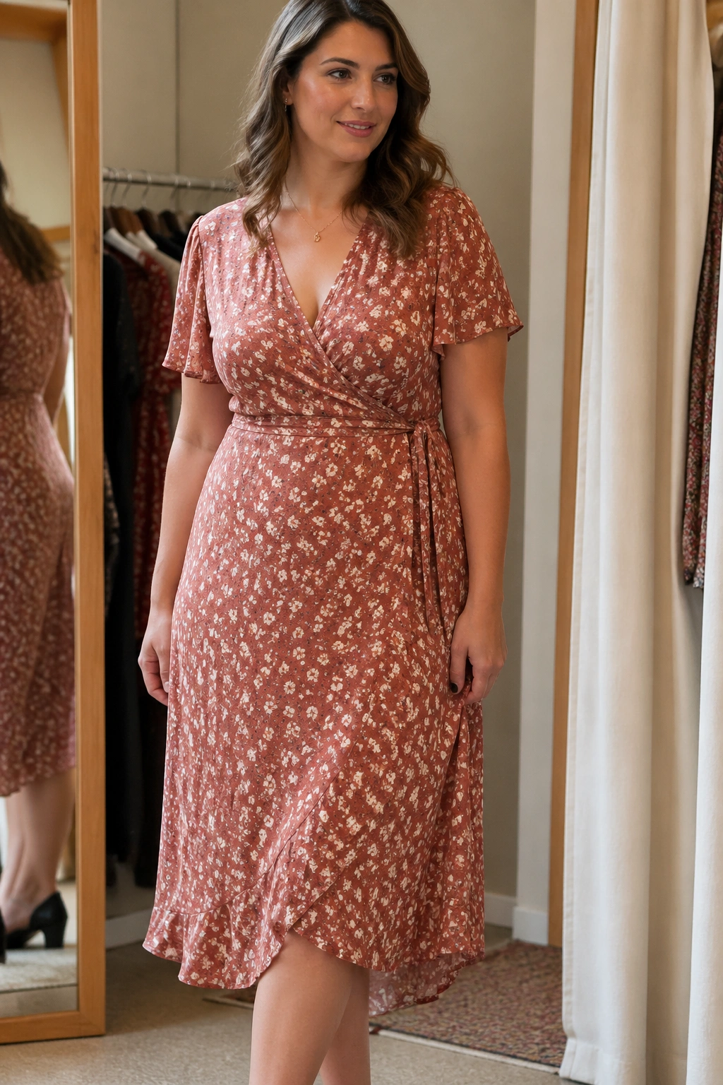 Real woman in a printed wrap midi dress in a boutique, close-up showing wrap detail and print