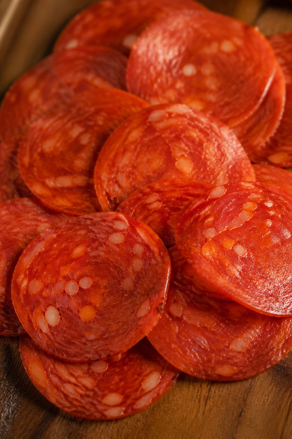Stacked pepperoni slices filling the frame on a wooden board