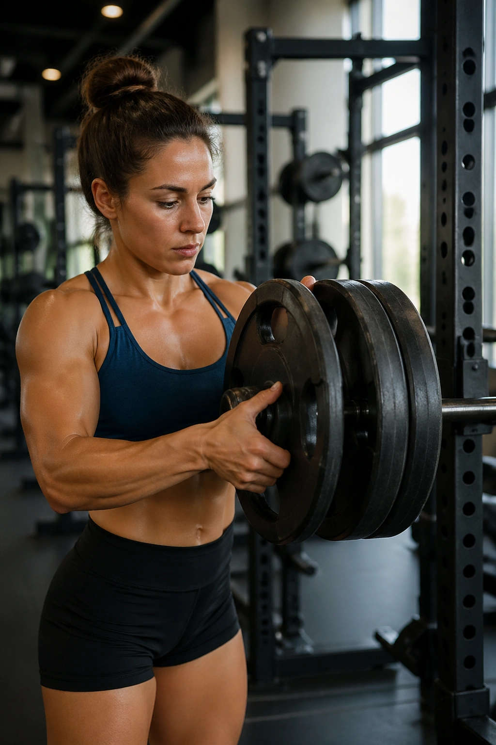Person adjusting barbell plates in a gym, illustrating progressive overload