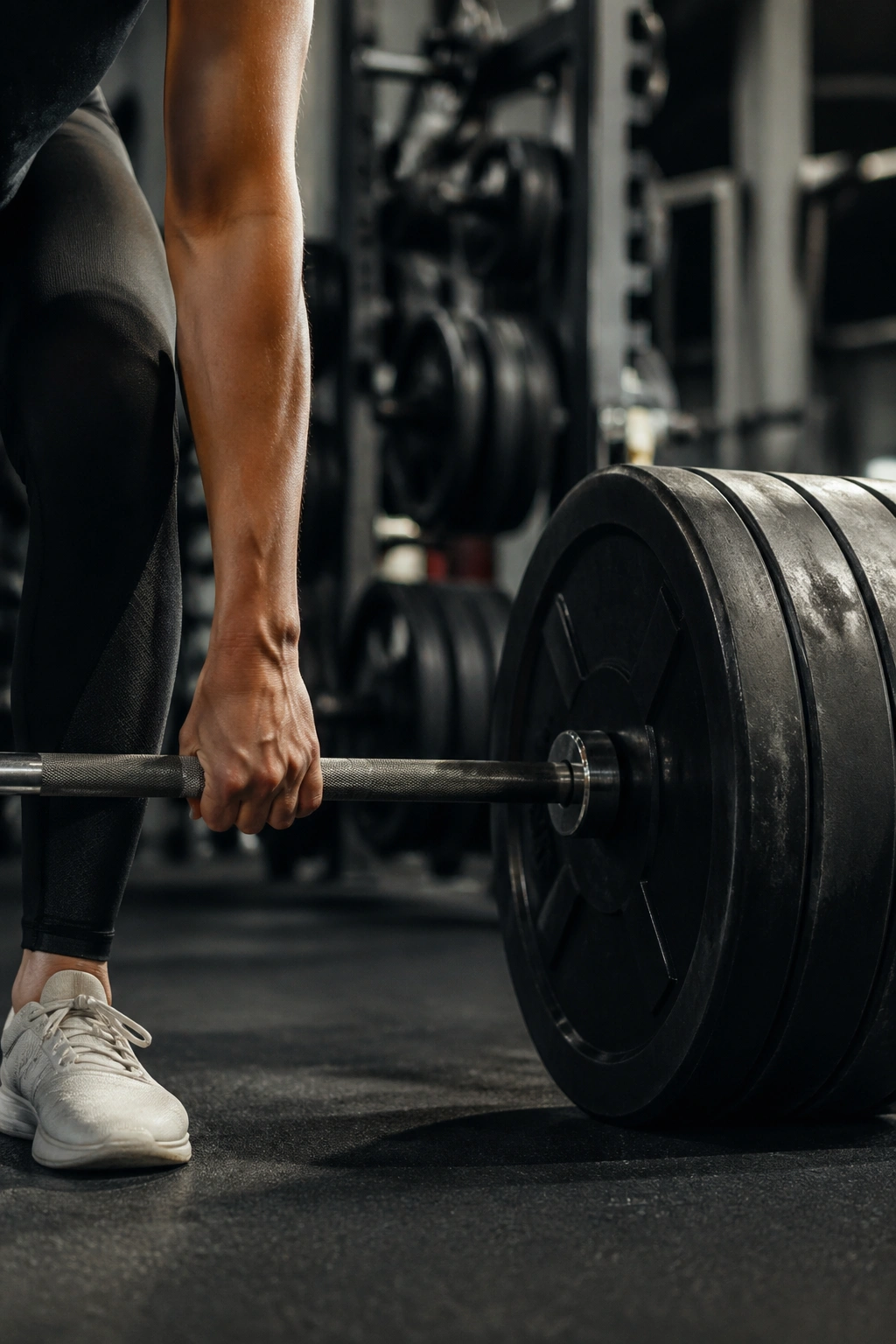 Close-up of hands gripping a barbell with heavier plates for progressive overload