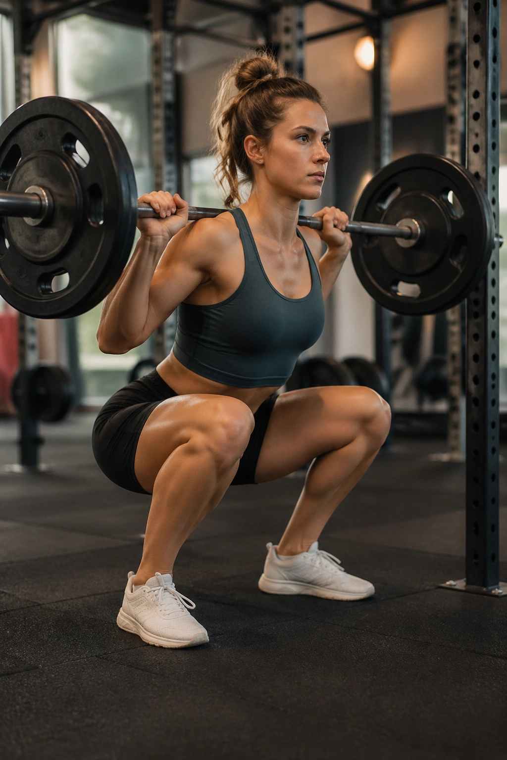 Woman performing barbell back squat in gym showing progressive overload