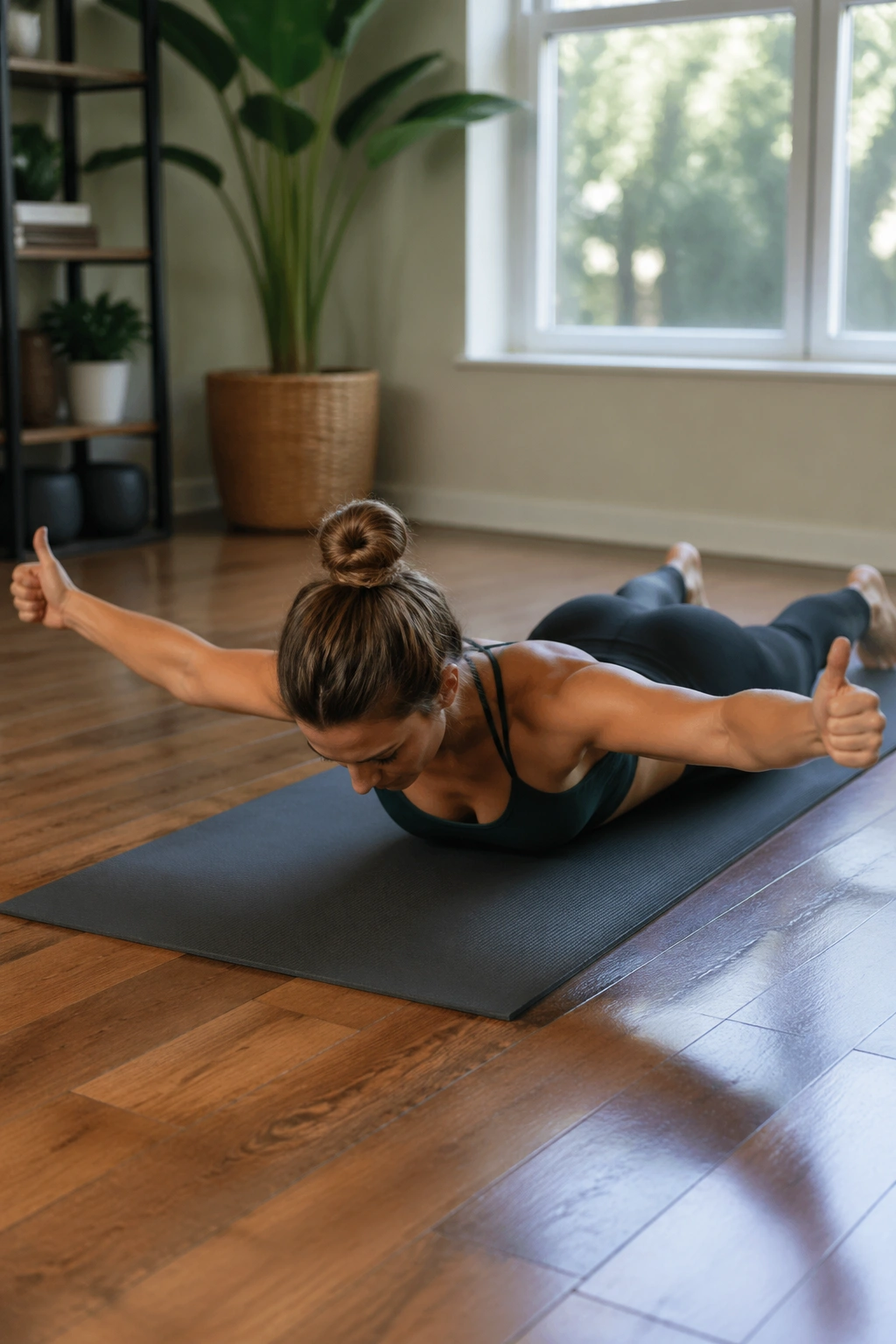 Close-up of a person performing Prone T Lift on a mat with arms in a T shape