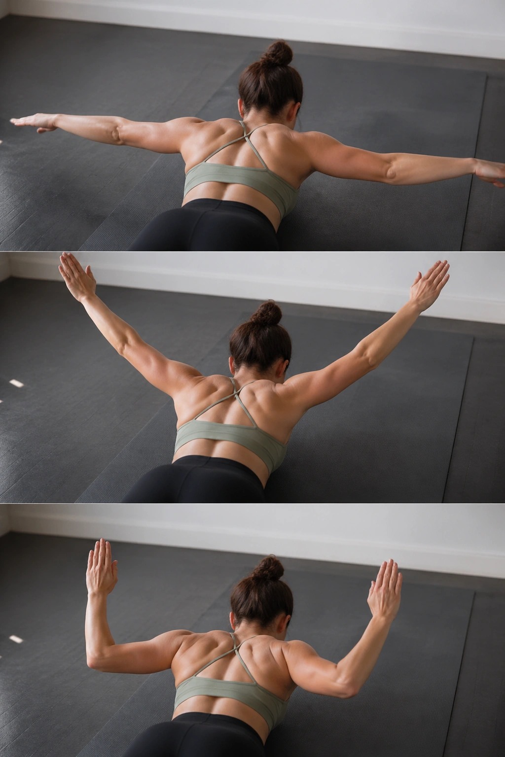 Real person performing prone T, Y, and W lifts on a mat