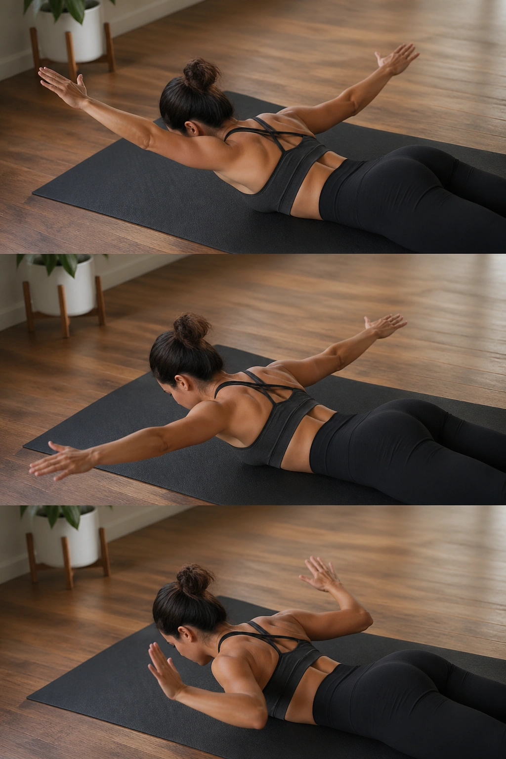 Real woman performing prone Y, T, and W shoulder shapes on a mat