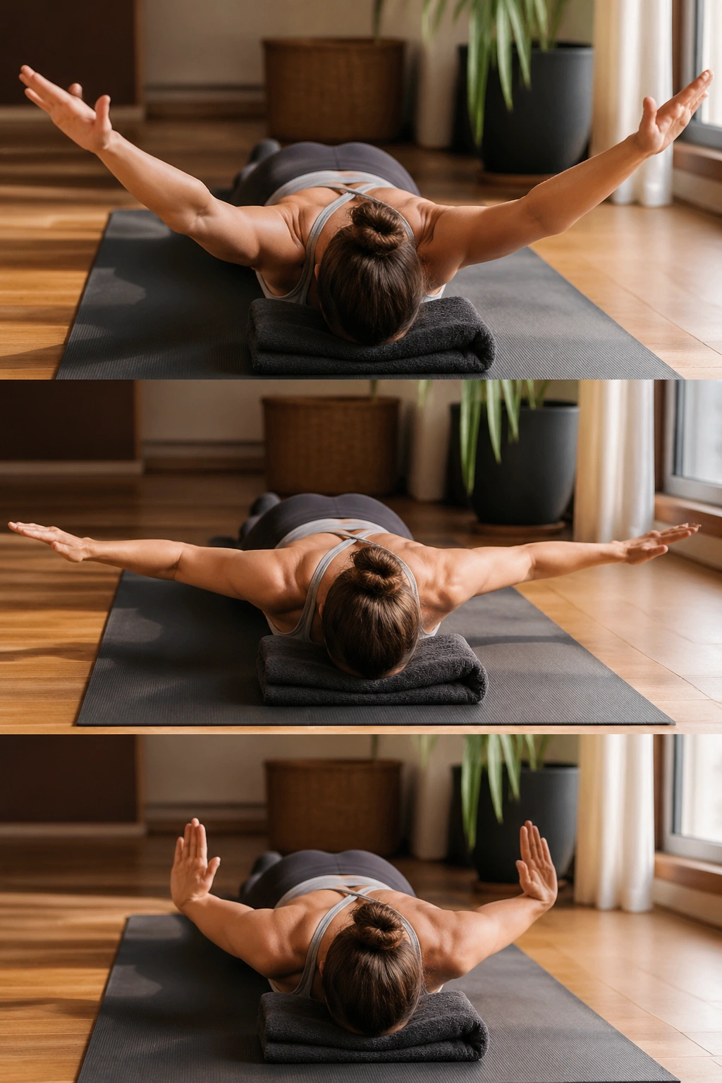 Real person on a mat performing prone Y-T-W shoulder sequence focusing on upper back and shoulders