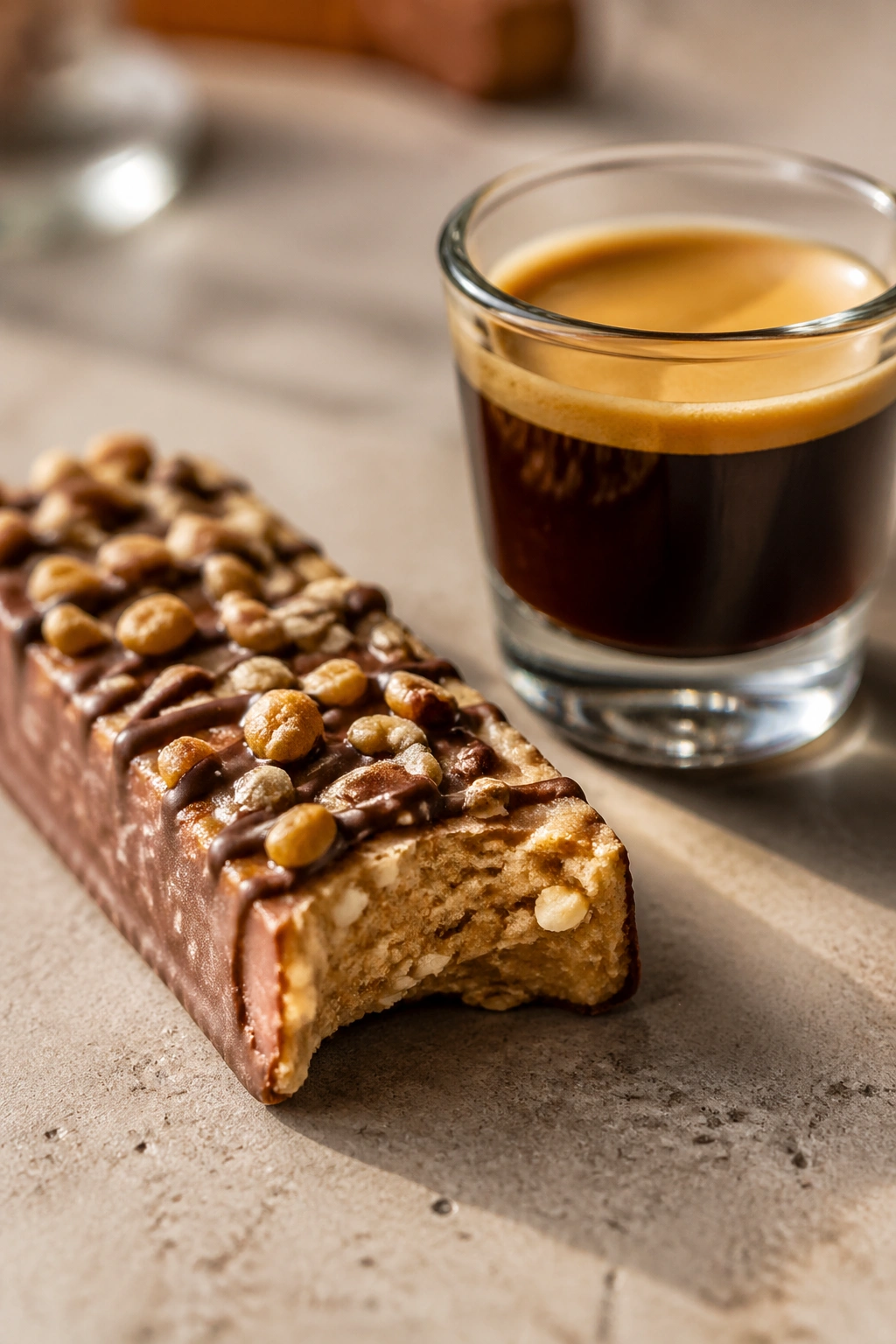 Protein bar and espresso shot on a neutral surface, close-up