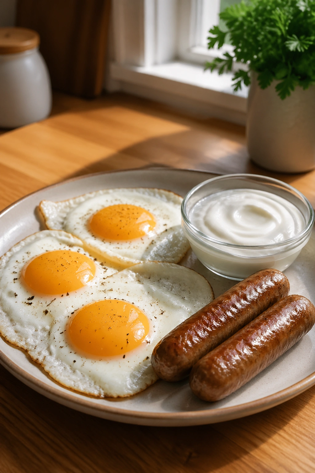 Close-up of protein-heavy breakfast with eggs, yogurt, and sausage in a sunlit kitchen