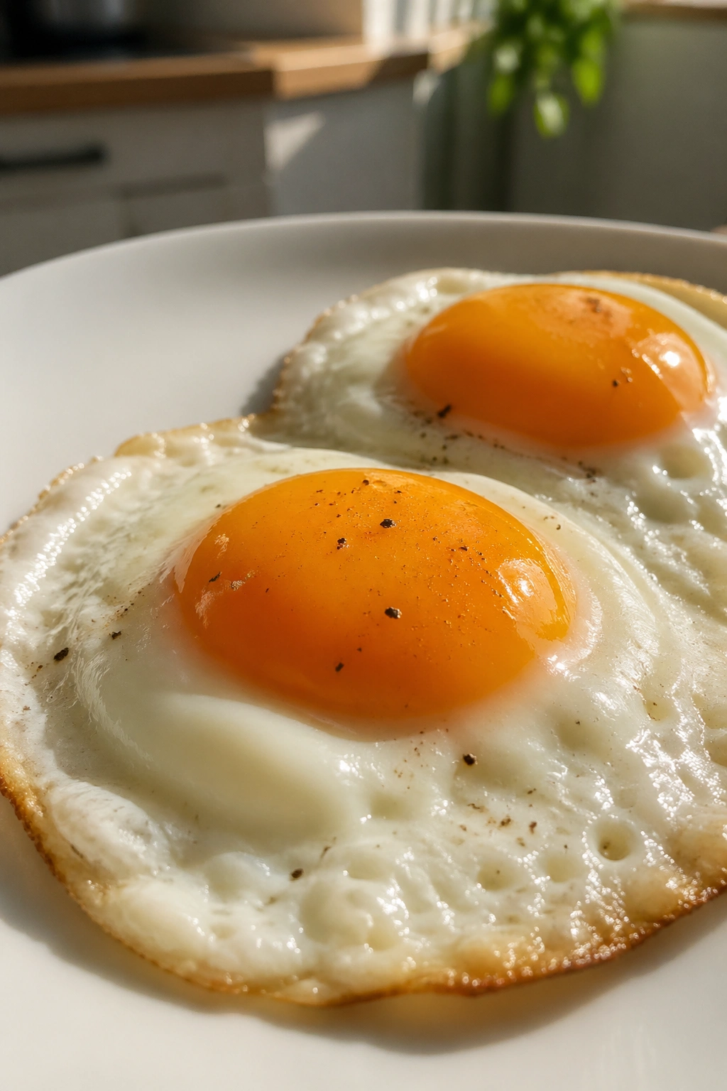 Close-up of sunny-side-up eggs on a plate, breakfast protein focus