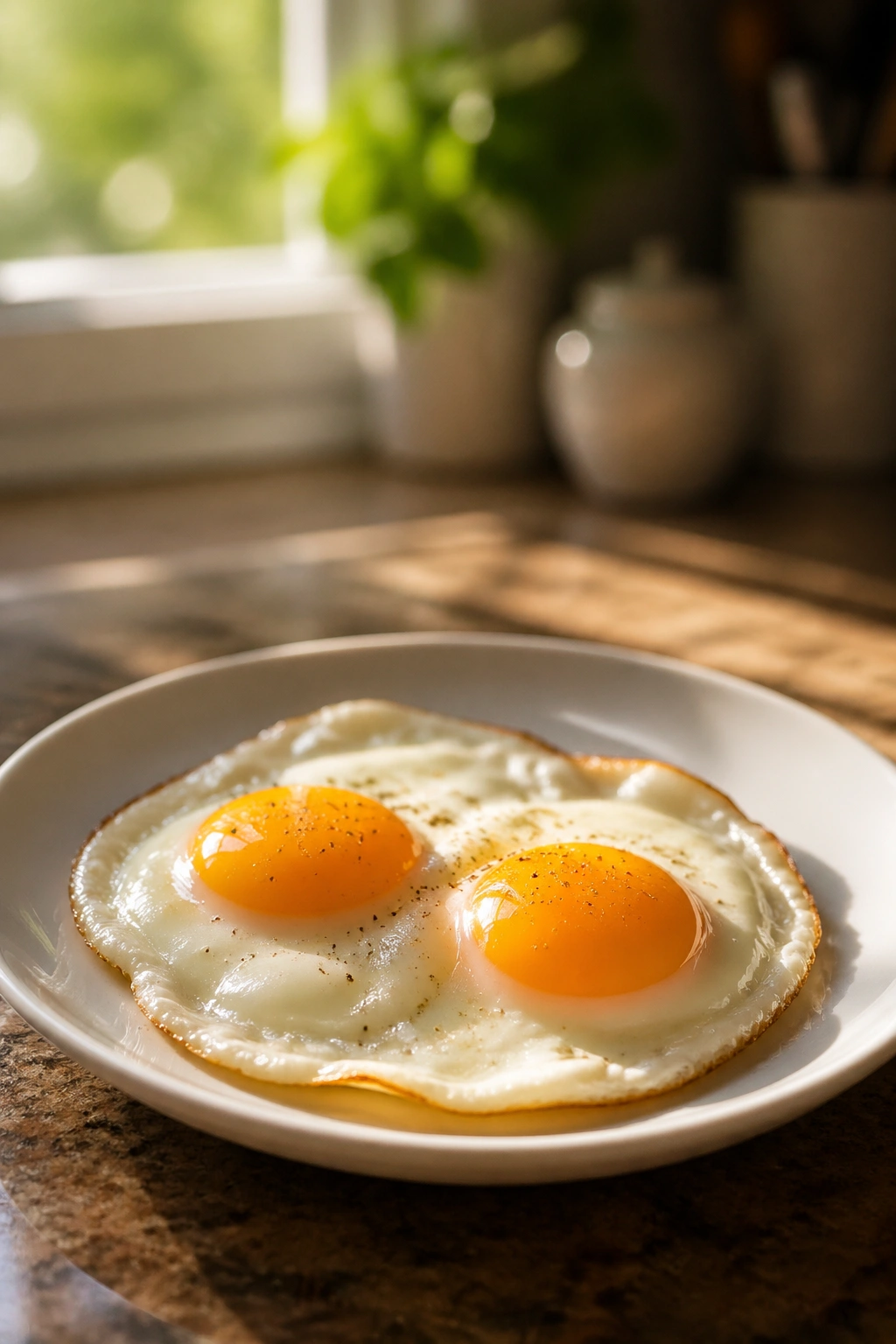Close-up of a small plate with two eggs on a kitchen counter in morning light