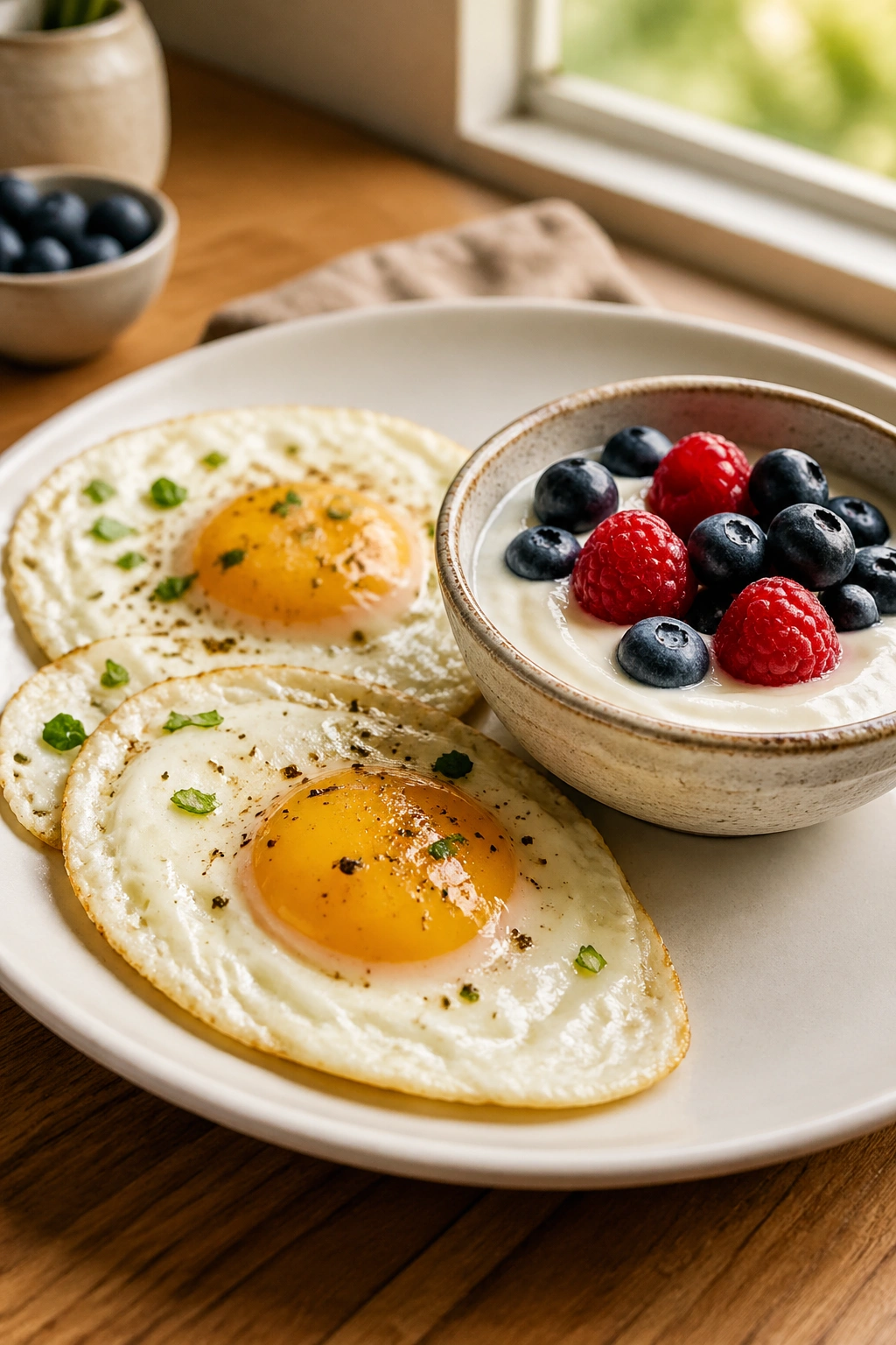 Close-up of a protein-rich breakfast plate with eggs and yogurt on a wooden table