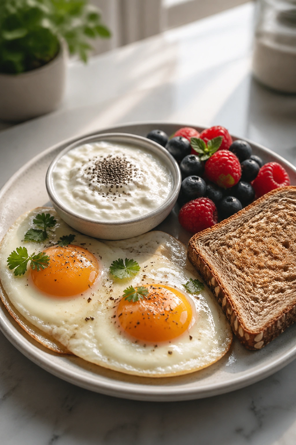 Close-up of a protein-packed breakfast plate with eggs, yogurt, and berries on a light wooden table