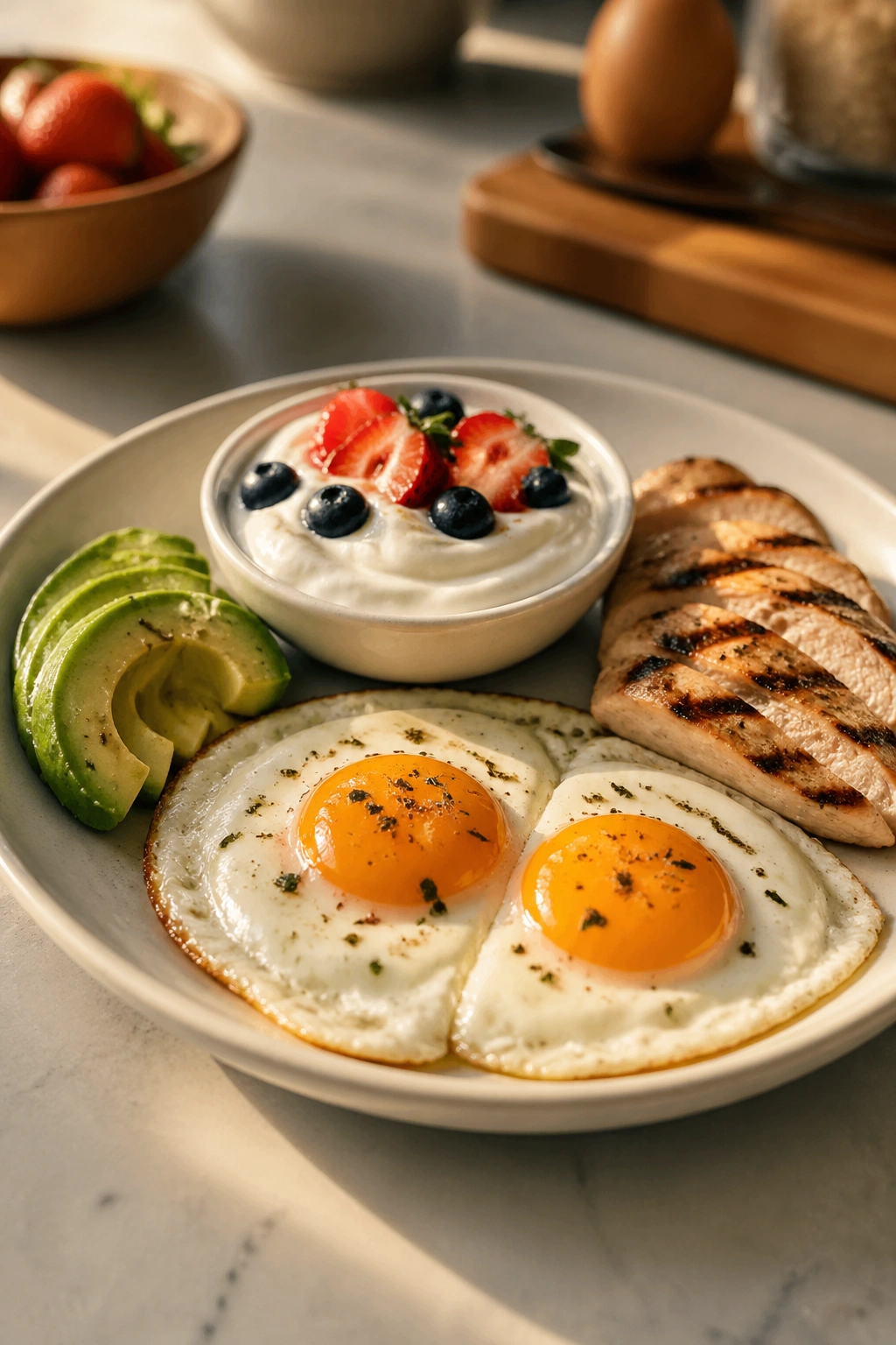 Protein-rich breakfast plate with eggs and yogurt on kitchen counter