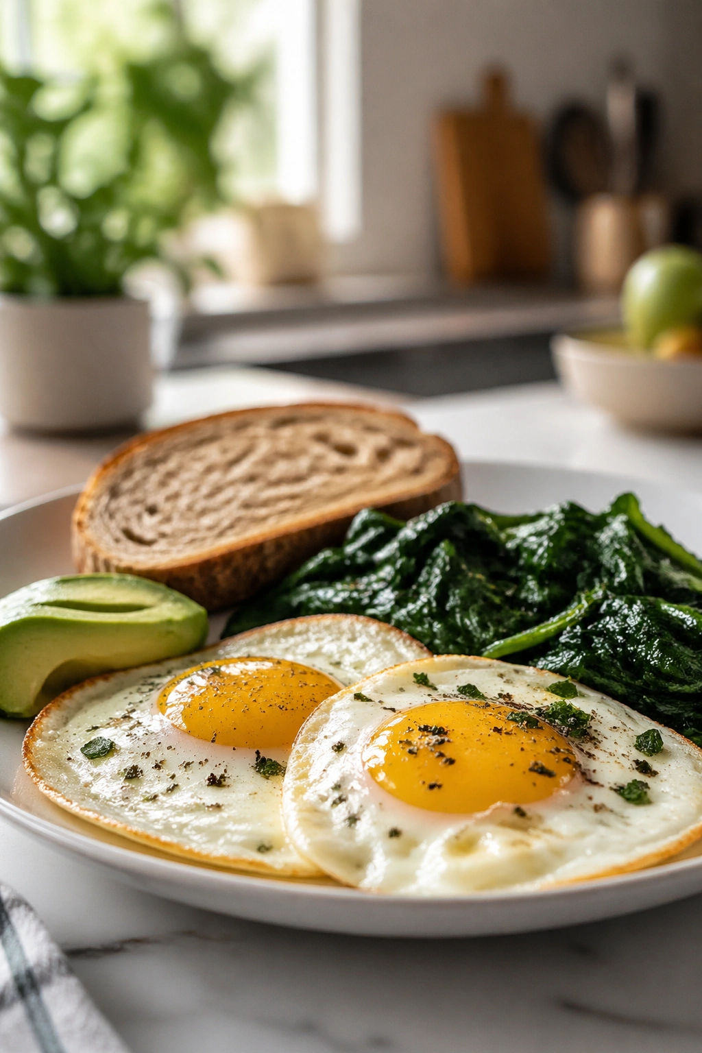 Close-up of a protein-forward breakfast plate in a bright kitchen