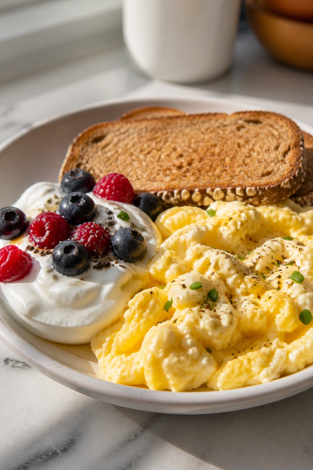 Close-up of a protein-packed breakfast plate in morning light