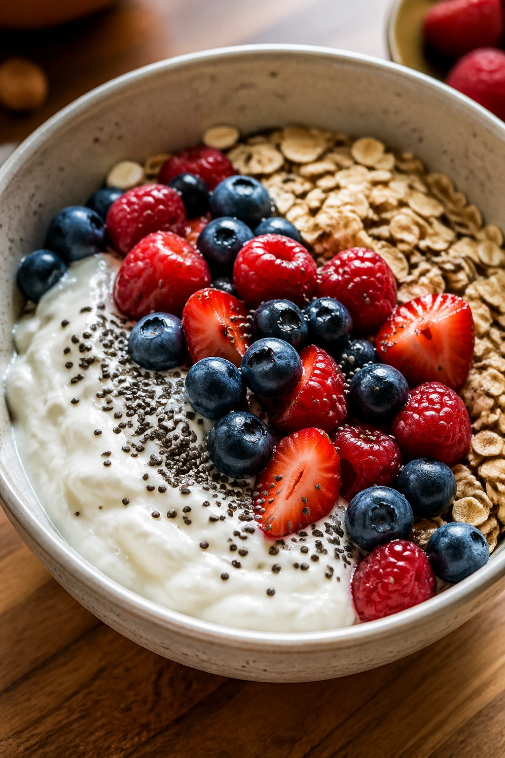 Close-up of Greek Yogurt Berry Oat Bowl with yogurt, oats, and berries on a wooden counter.