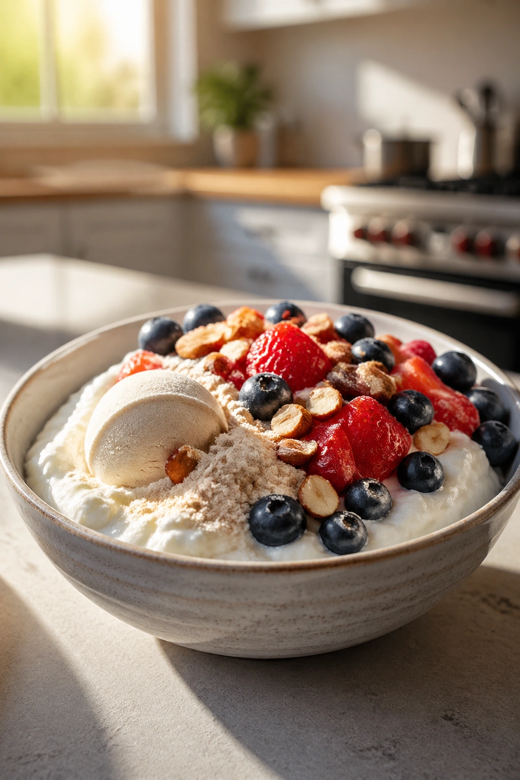Close-up of a high-protein Greek yogurt breakfast with berries