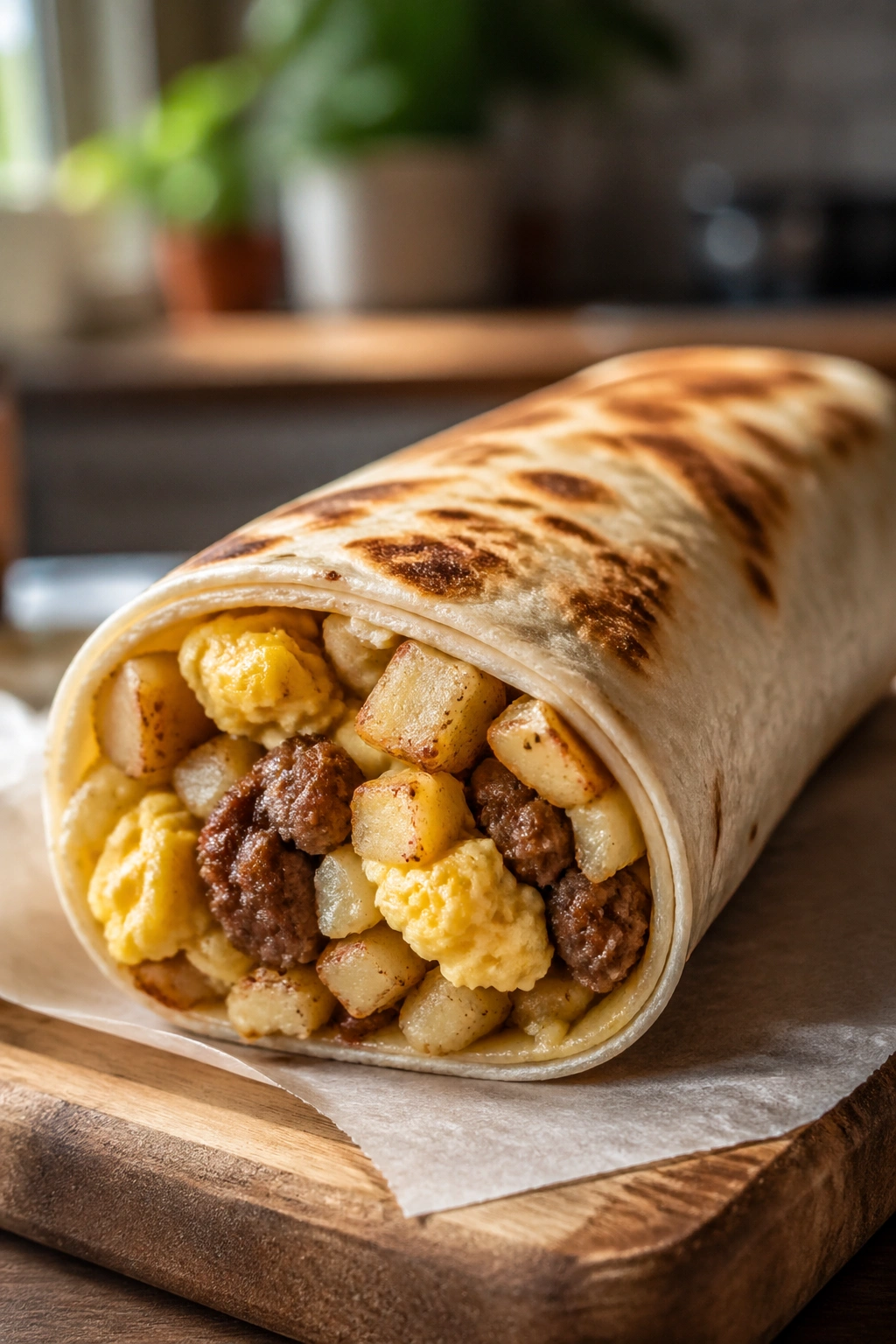 Close-up of a high-protein breakfast burrito on a wooden board in a sunlit kitchen