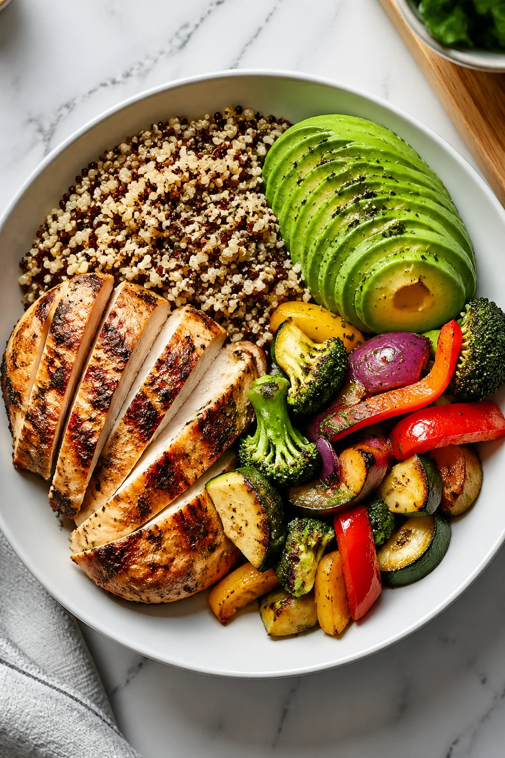 Balanced nutrition plate with protein, carbs, and fats