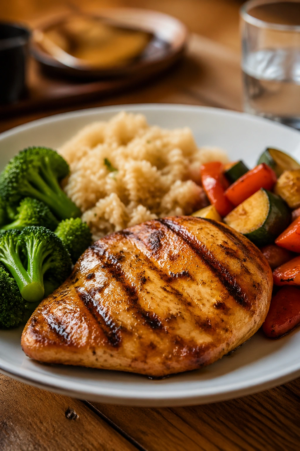 Plate with protein-centered meal dominating the frame