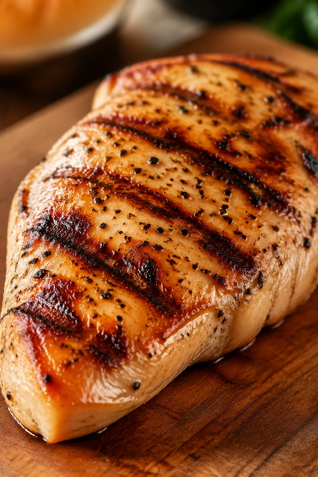 Close-up of a grilled chicken breast on a wooden board, high-protein focus