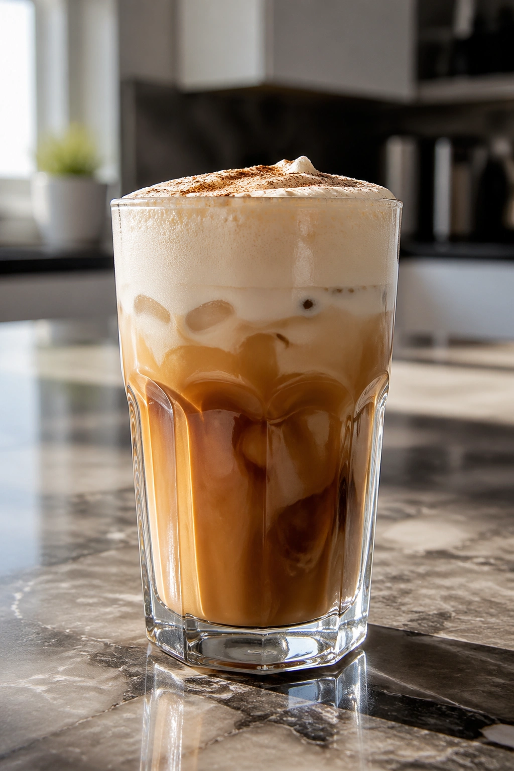 Iced protein coffee in a glass with foam