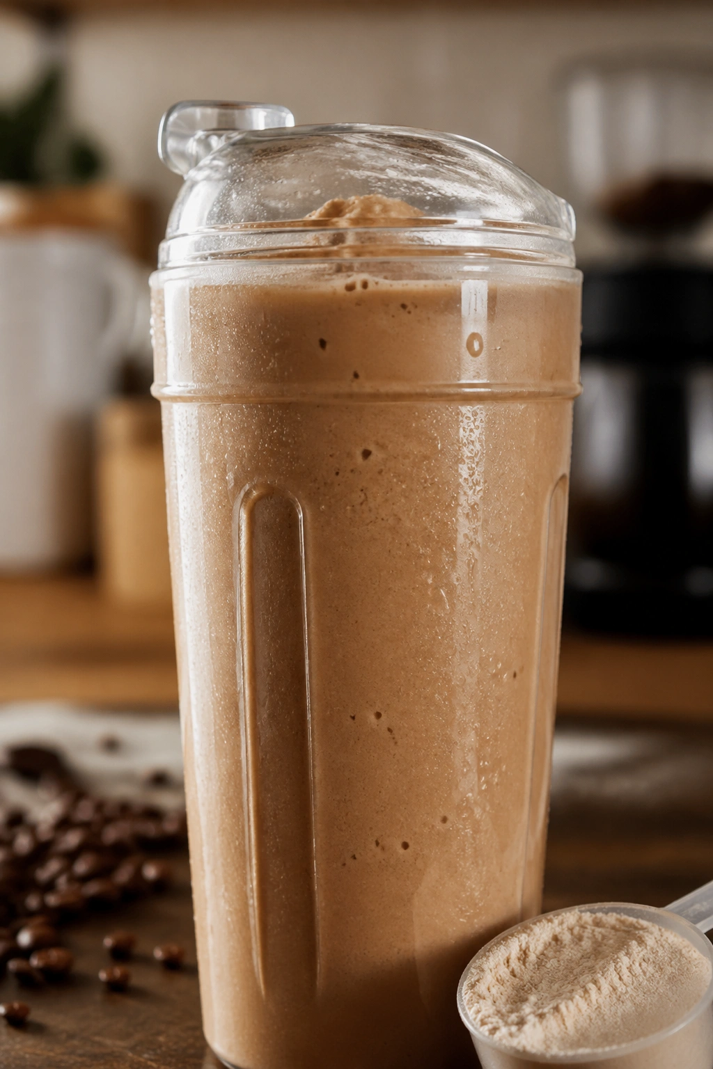 Close-up of a protein coffee shake in a glass